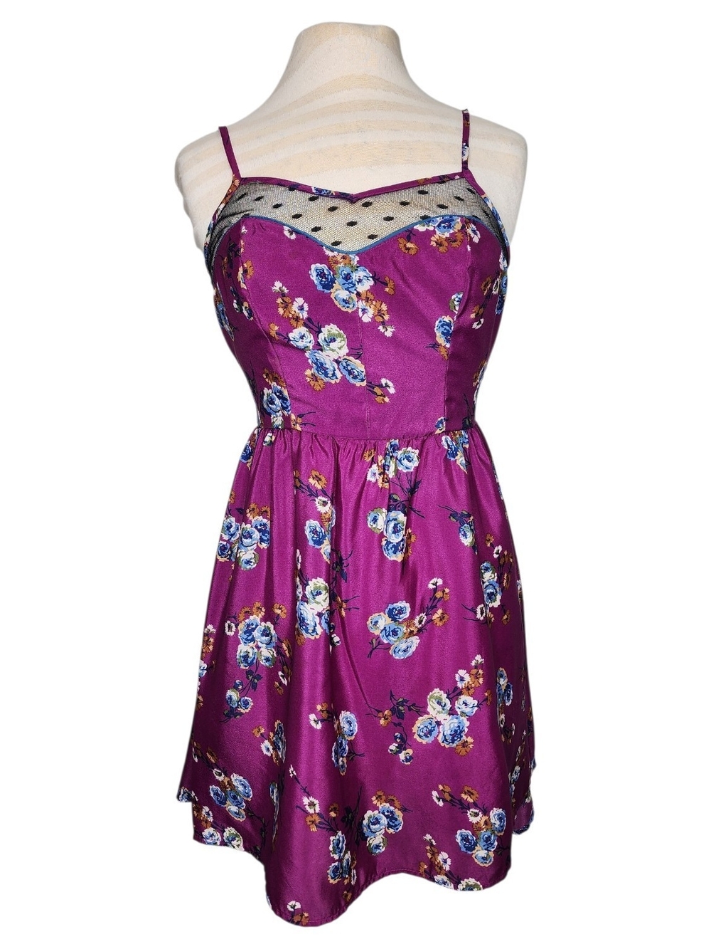 Xhilaration Purple Floral Mesh Polka Dot Fit & Flare Dress Sz S